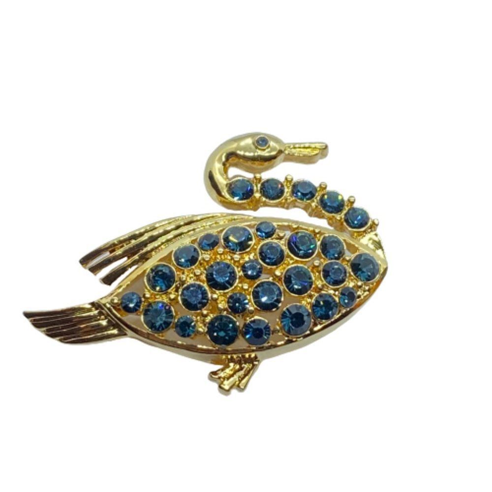 Eisenberg Ice Gold Tone Blue Rhinestone Covered Swan / Bird Brooch / Pin